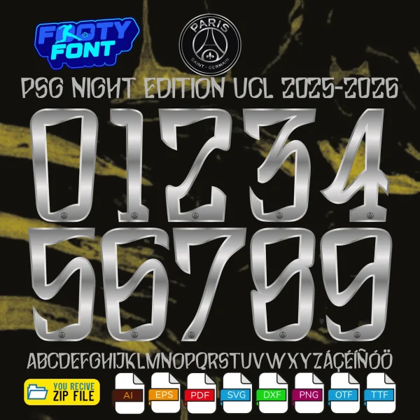 Complete A-Z alphabet and 0-9 number vector character set for the PSG Night Edition Font UCL 2025-26, showing the included file formats against an abstract black and gold background.