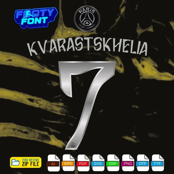 Example typography showing the name KVARATSKHELIA and the number 7 using the metallic silver PSG Night Edition Font UCL 2025-26 vector graphics.