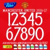 Complete A-Z alphabet and 0-9 number vector character set for the Manchester United Font 2026-27, showing the included file formats against a textured red background.