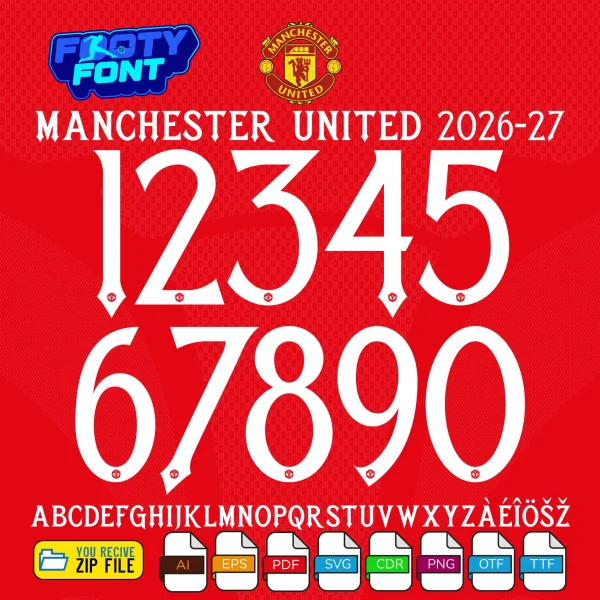 Complete A-Z alphabet and 0-9 number vector character set for the Manchester United Font 2026-27, showing the included file formats against a textured red background.