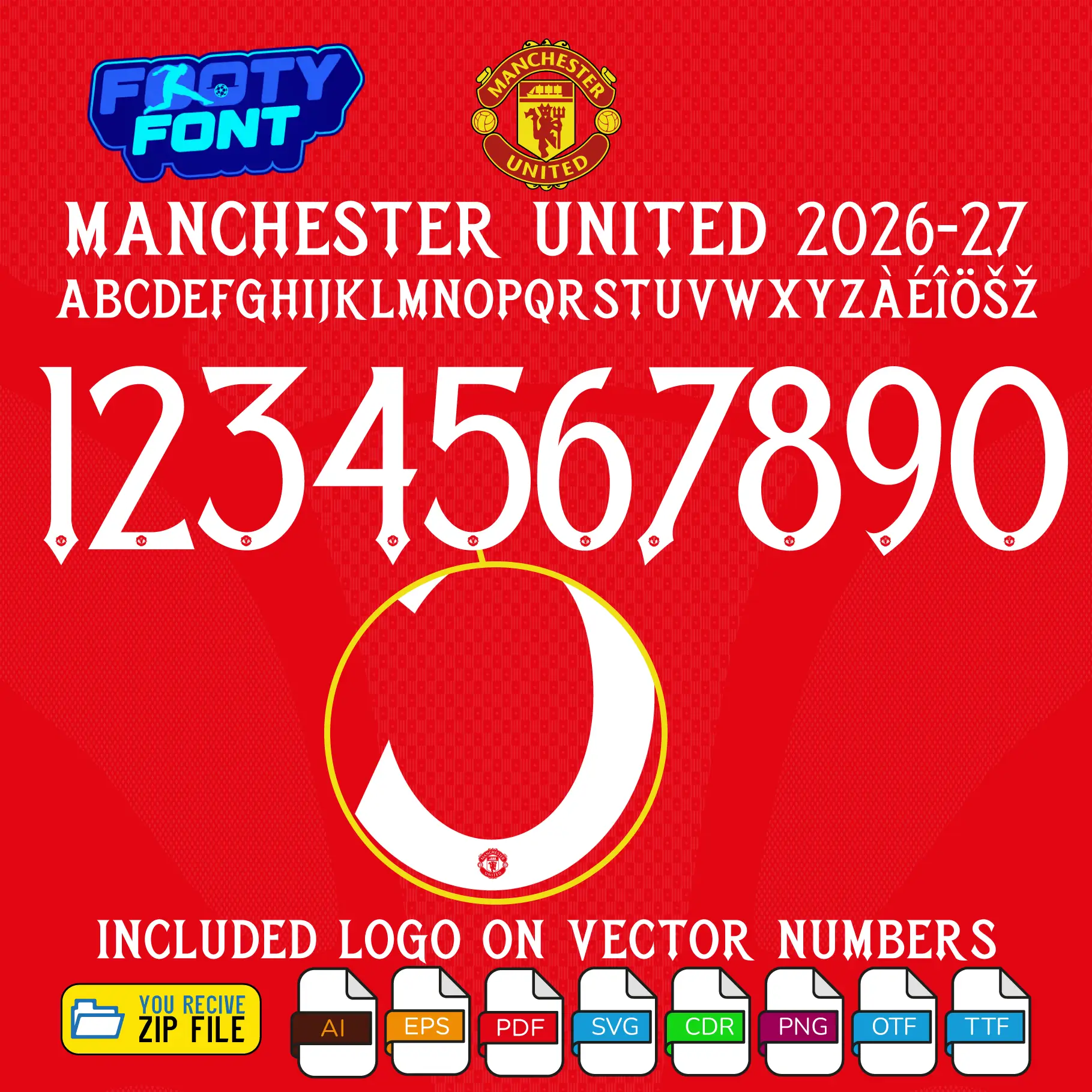Manchester United Font 2026-27 3 Close-up detail of the number 0 from the Manchester United Font 2026-27, highlighting the embedded Manchester United club crest logo at the bottom.
