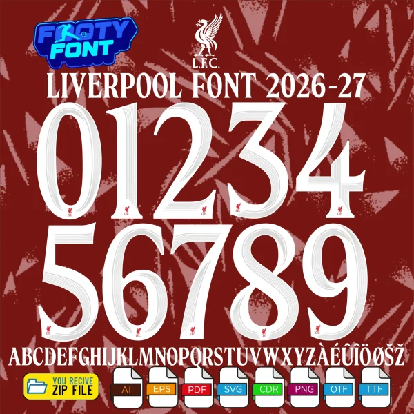 Complete A-Z alphabet and 0-9 number vector character set for the Liverpool Font 2026-27, showing the included file formats against a patterned dark red background.