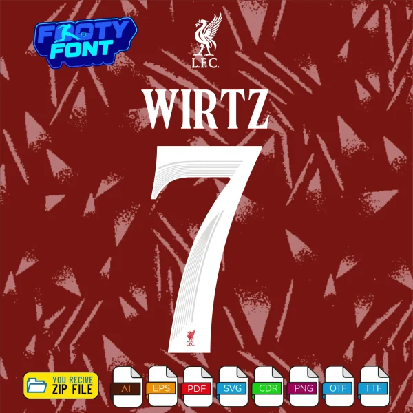 Example typography showing the name WIRTZ and the number 7 using the white textured Liverpool Font 2026-27 vector graphics.