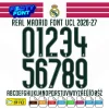 Complete A-Z alphabet and stacked 0-9 number vector character set for the Real Madrid Font UCL 2026-27, showing the included file formats at the bottom.
