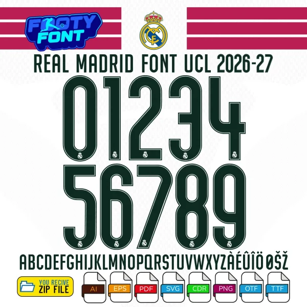 Complete A-Z alphabet and stacked 0-9 number vector character set for the Real Madrid Font UCL 2026-27, showing the included file formats at the bottom.