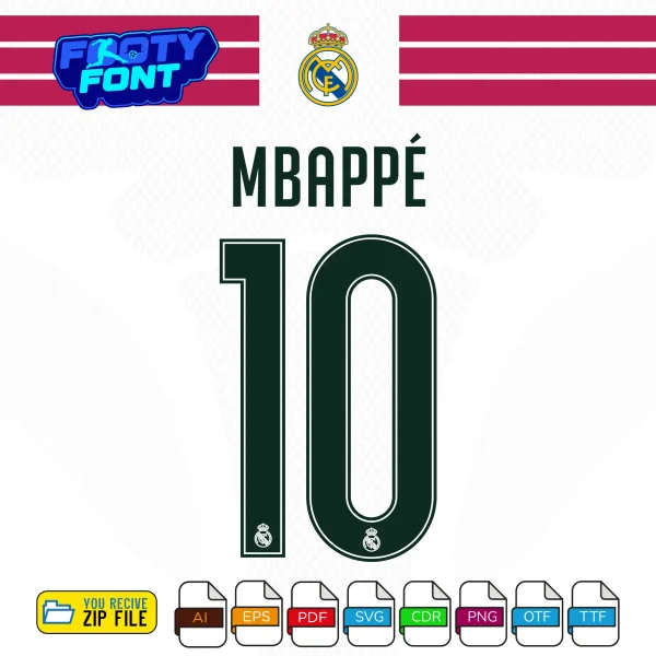 Example typography showing the name MBAPPÉ and the number 10 using the dark green Real Madrid Font UCL 2026-27 vector graphics.