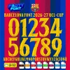 Complete A-Z alphabet and 0-9 number vector character set for the FC Barcelona Font 2026-27, showing the included file formats against a classic blue and garnet striped background.