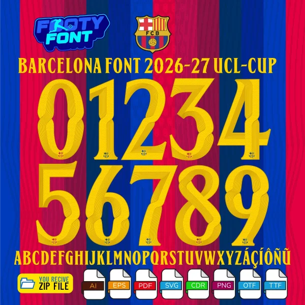 Complete A-Z alphabet and 0-9 number vector character set for the FC Barcelona Font 2026-27, showing the included file formats against a classic blue and garnet striped background.