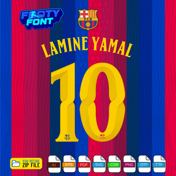 Example typography showing the name LAMINE YAMAL and the number 10 using the textured golden-yellow FC Barcelona Font 2026-27 vector graphics.