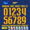 Complete A-Z alphabet and 0-9 number vector character set for the Arsenal Font Away 2026-27, showing the included file formats against a deep blue zigzag patterned background.