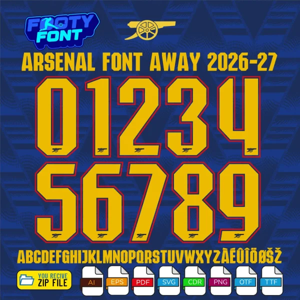Complete A-Z alphabet and 0-9 number vector character set for the Arsenal Font Away 2026-27, showing the included file formats against a deep blue zigzag patterned background.