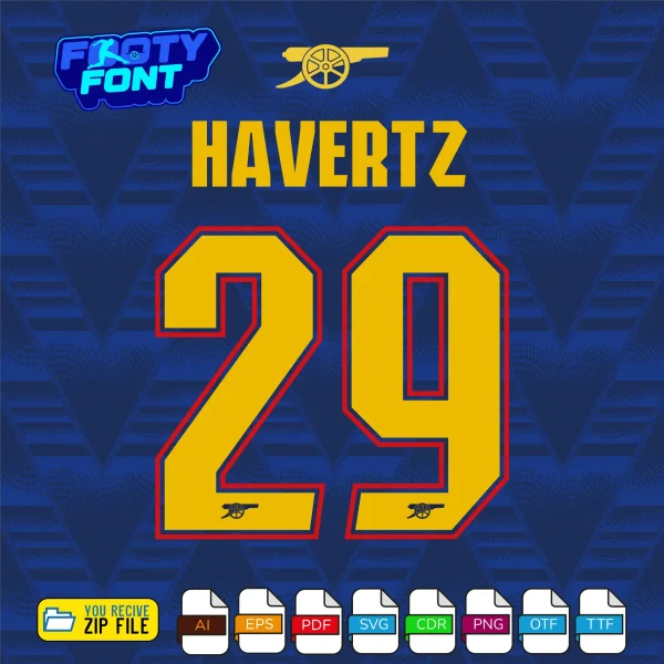 Example typography showing the name HAVERTZ and the number 29 using the golden-yellow and red Arsenal Font Away 2026-27 vector graphics.