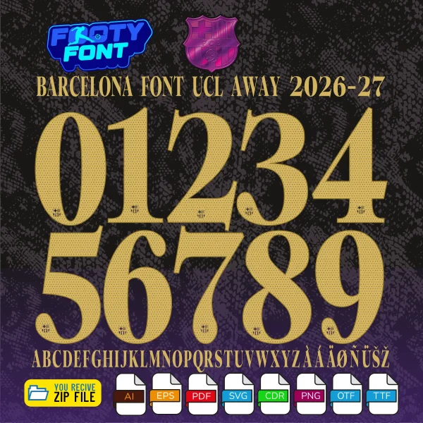 A-Z alphabet and 0-9 number vector character set for the FC Barcelona Font UCL Away 2026-27, showing the included file formats against a dark, textured background.
