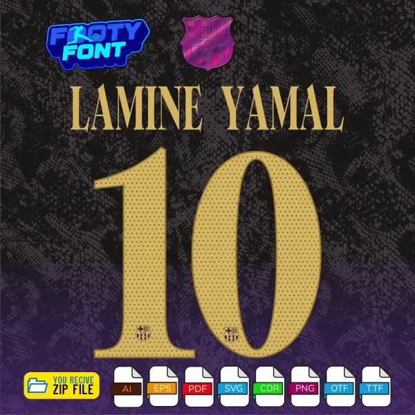 Example typography showing the name LAMINE YAMAL and the number 10 using the textured metallic gold FC Barcelona Font UCL Away 2026-27 vector graphics.