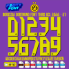 Complete A-Z alphabet and 0-9 number vector character set for the Borussia Dortmund Font Third UCL 2026-27, showing the included file formats against a purple background.