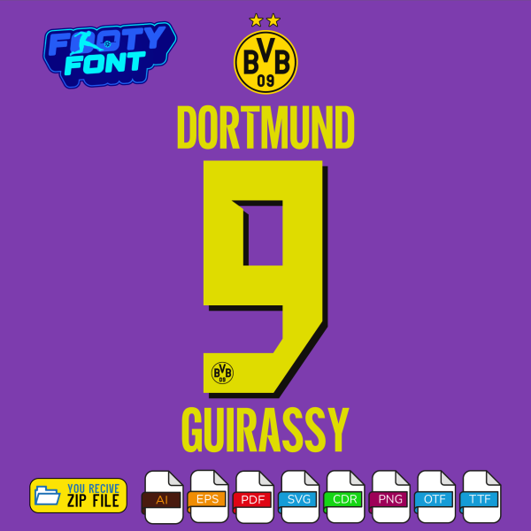 Example typography showing the name GUIRASSY and the number 9 using the yellow and black Borussia Dortmund Font Third UCL 2026-27 vector graphics.