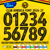 Complete A-Z alphabet and 0-9 number vector character set for the Club America Font 2026-27, showing the included file formats against a vibrant yellow background.
