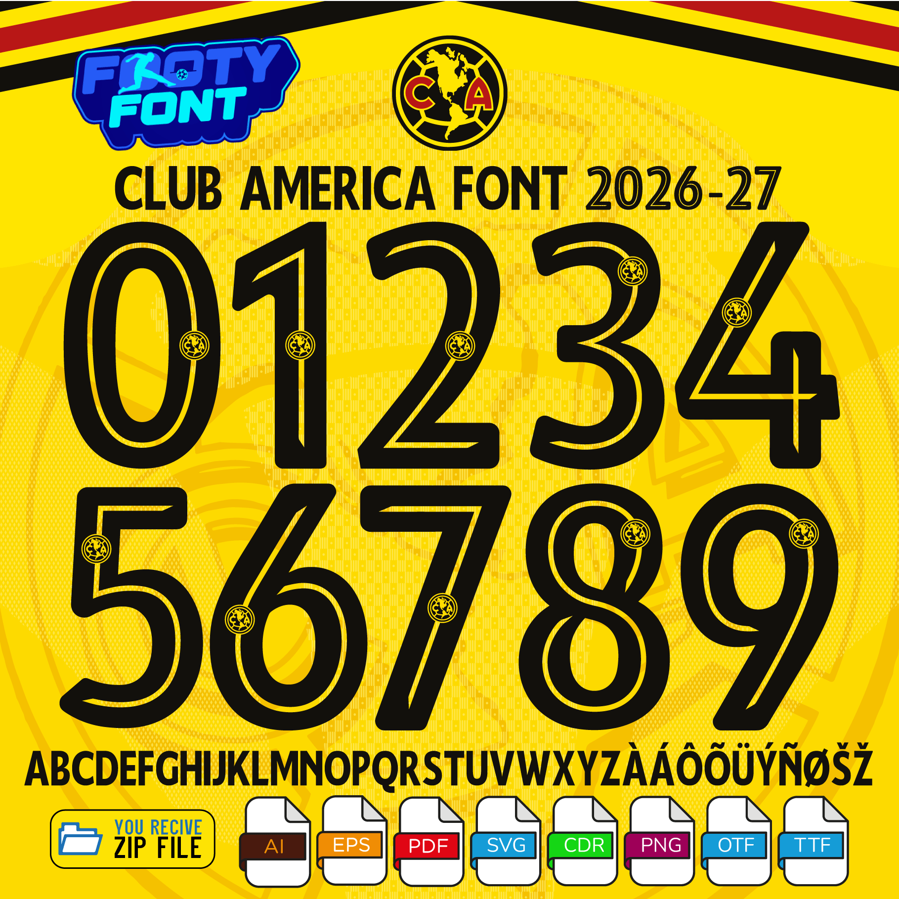 Club America Font 2026-27 1 Complete A-Z alphabet and 0-9 number vector character set for the Club America Font 2026-27, showing the included file formats against a vibrant yellow background.