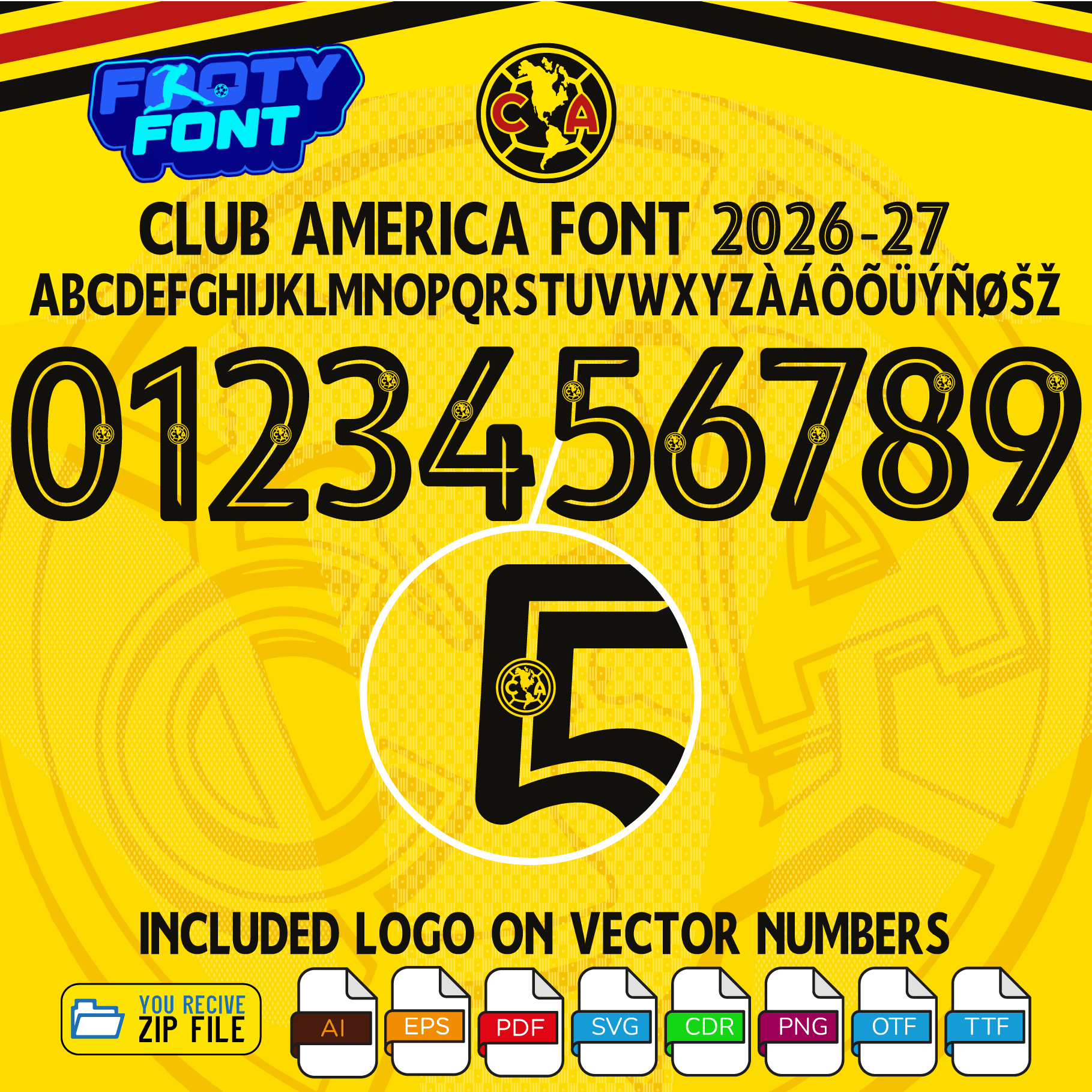 Club America Font 2026-27 3 Close-up detail of the number 5 from the Club America Font 2026-27, highlighting the embedded Club America CA crest logo.
