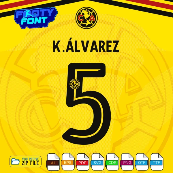 Example typography showing the name K. ÁLVAREZ and the number 5 using the bold black Club America Font 2026-27 vector graphics.