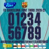 Complete A-Z alphabet and 0-9 number vector character set for the FC Barcelona Font UCL Third 2026-27, showing the included file formats against a teal blue zigzag background.