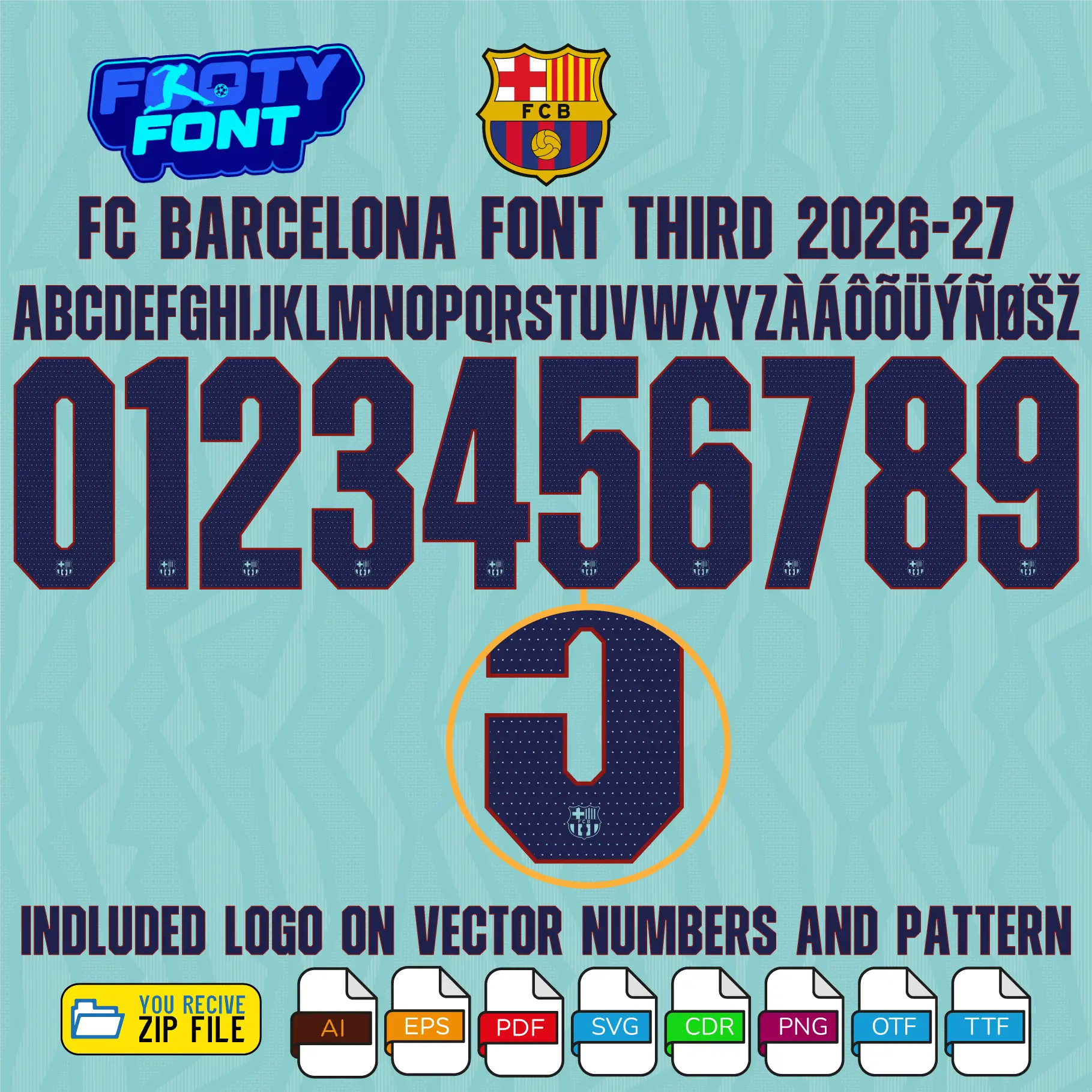 FC Barcelona Font UCL Third 2026-27 3 Close-up detail of the number 5 from the FC Barcelona Font UCL Third 2026-27, highlighting the embedded FC Barcelona club crest logo at the bottom and the internal dotted pattern.