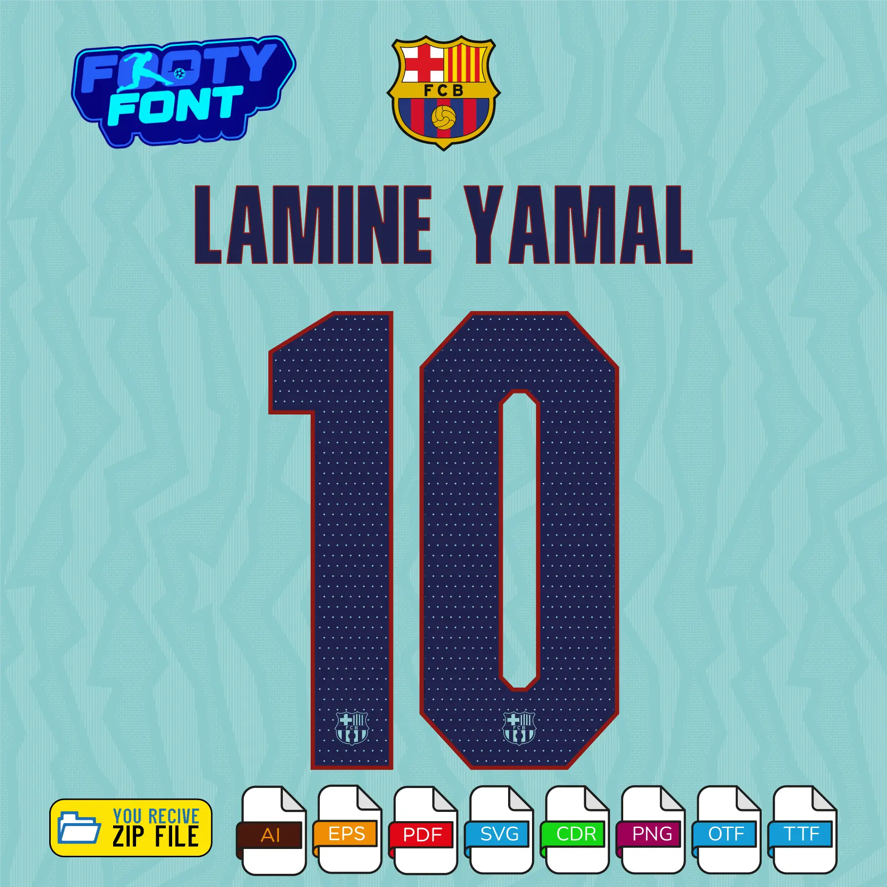FC Barcelona Font UCL Third 2026-27 2 Example typography showing the nameset LAMINE YAMAL and the number 10 using the navy blue and red FC Barcelona Font UCL Third 2026-27 vector graphics.