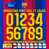 Complete A-Z alphabet and 0-9 number vector character set for the Barcelona 2026-27 Font Vector Laliga, showing the included file formats against a classic Blaugrana striped background.