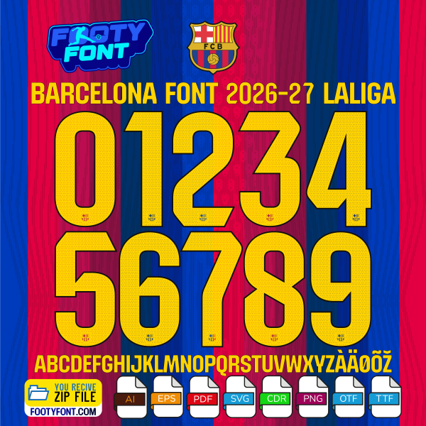 Complete A-Z alphabet and 0-9 number vector character set for the Barcelona 2026-27 Font Vector Laliga, showing the included file formats against a classic Blaugrana striped background.
