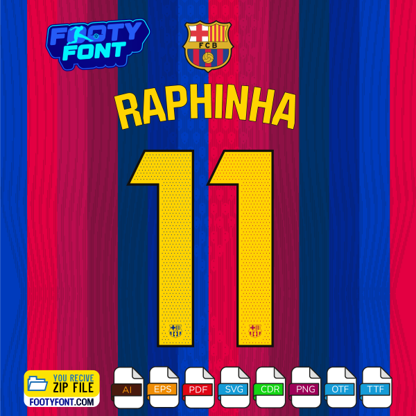 Example typography showing the name RAPHINHA and the number 11 using the Barcelona 2026-27 Font Vector Laliga graphics.