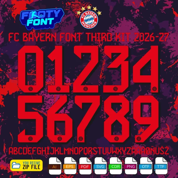 Complete A-Z alphabet and 0-9 number vector character set for the FC Bayern 2026-27 Third Font Vector, showing the included file formats against an abstract ink-splatter navy and purple background.