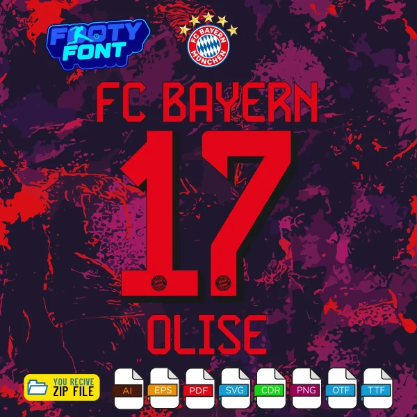 Example typography showing the name OLISE and the number 17 using the red FC Bayern 2026-27 Third Font Vector graphics.
