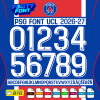 Complete A-Z alphabet and 0-9 number vector character set for the PSG Font UCL 2026-27, showing the included file formats against a classic Parisian blue and red background.