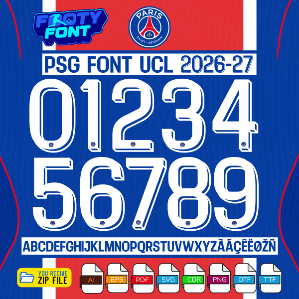 Complete A-Z alphabet and 0-9 number vector character set for the PSG Font UCL 2026-27, showing the included file formats against a classic Parisian blue and red background.