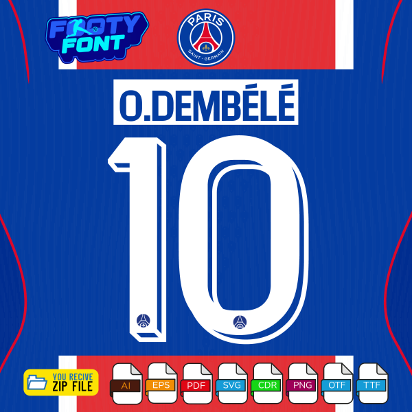 Example typography showing the name O. DEMBÉLÉ and the number 10 using the crisp white 3D-effect PSG Font UCL 2026-27 vector graphics.