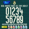 Complete A-Z alphabet and 0-9 number vector character set for the Real Madrid 2026-27 Away Font Vector, showing the included file formats against an Aurora Ivy dark green RMCF pattern background.