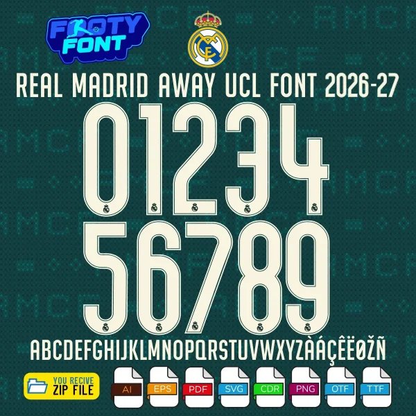 Complete A-Z alphabet and 0-9 number vector character set for the Real Madrid 2026-27 Away Font Vector, showing the included file formats against an Aurora Ivy dark green RMCF pattern background.