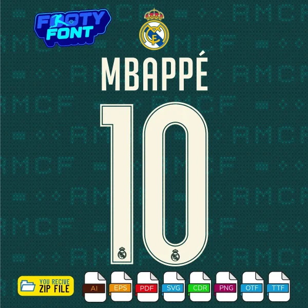 Example typography showing the name MBAPPÉ and the number 10 using the Real Madrid 2026-27 Away Font Vector graphics.