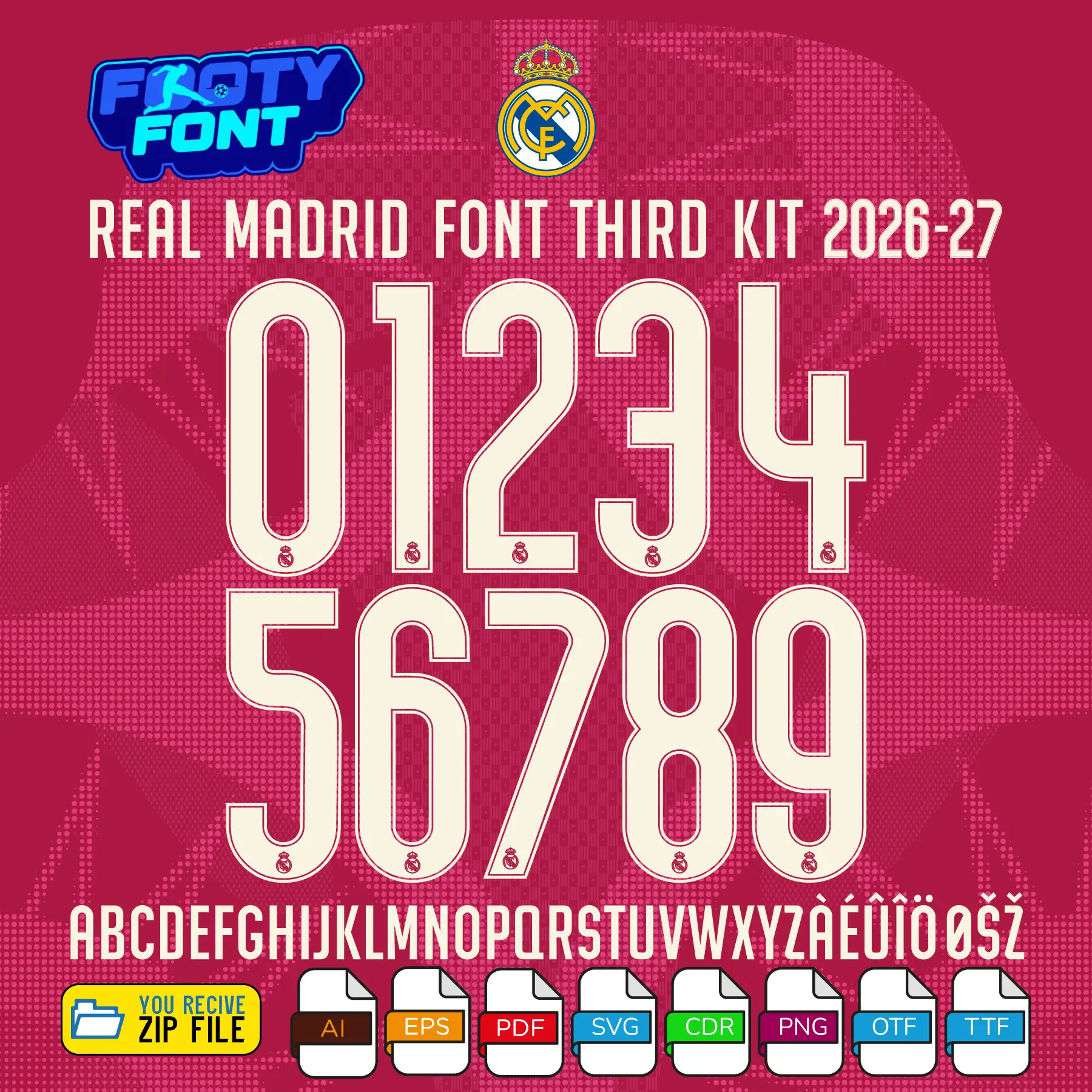 Complete A-Z alphabet and 0-9 number vector character set for the Real Madrid 2026-27 Third Font Vector, showing the included file formats against a textured berry-red background.