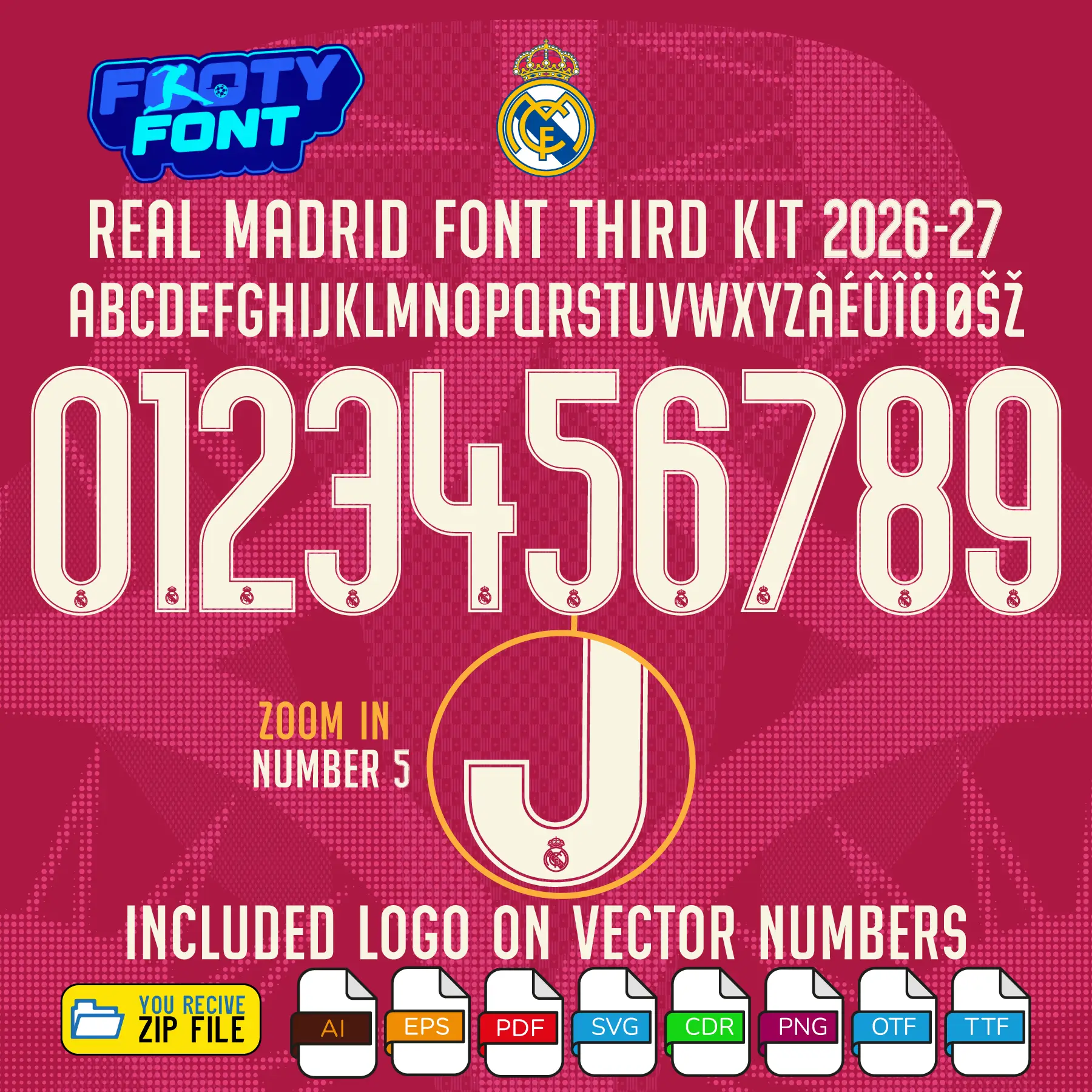 Real Madrid 2026-27 Third Font Vector 3 Close-up detail of the number 5 from the Real Madrid 2026-27 Third Font Vector, highlighting the embedded Real Madrid club crest logo at the base.
