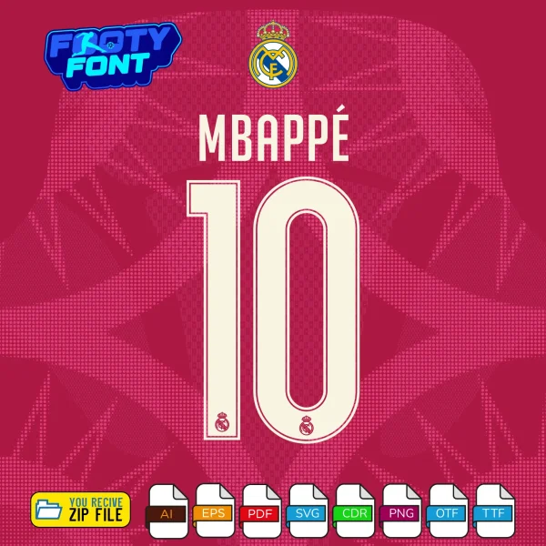 Example typography showing the name MBAPPÉ and the number 10 using the Real Madrid 2026-27 Third Font Vector graphics.