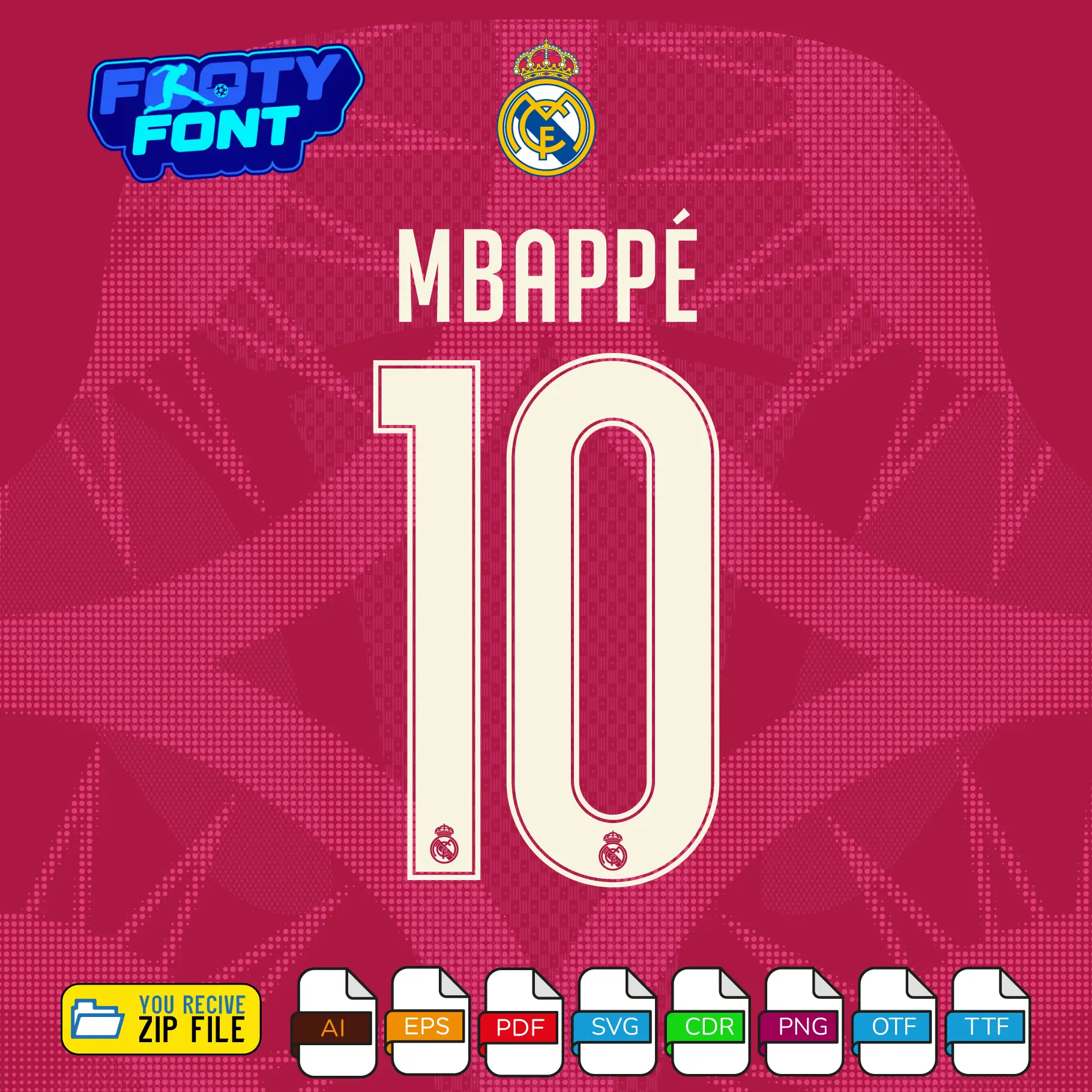 Real Madrid 2026-27 Third Font Vector 2 Example typography showing the name MBAPPÉ and the number 10 using the Real Madrid 2026-27 Third Font Vector graphics.
