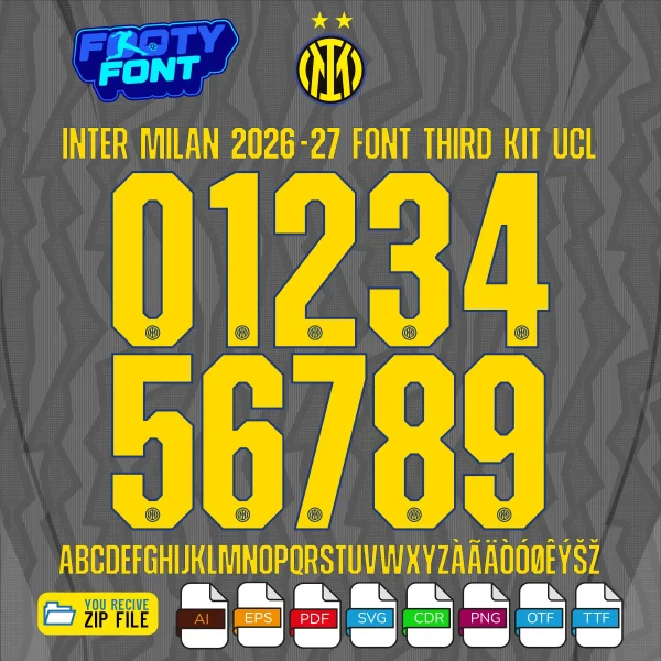Complete A-Z alphabet and 0-9 number vector character set for the Inter Milan 2026-27 Third Font Vector, showing the included file formats against a grey zigzag pattern background.