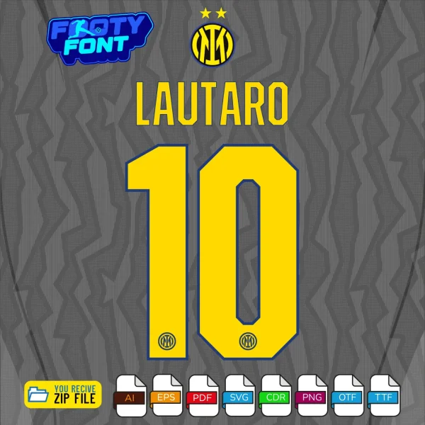 Example typography showing the name LAUTARO and the number 10 using the Inter Milan 2026-27 Third Font Vector graphics.