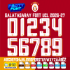Complete A-Z alphabet and 0-9 number vector character set for the Galatasaray 2026-27 Font Vector UCL, showing the included file formats against a red background.