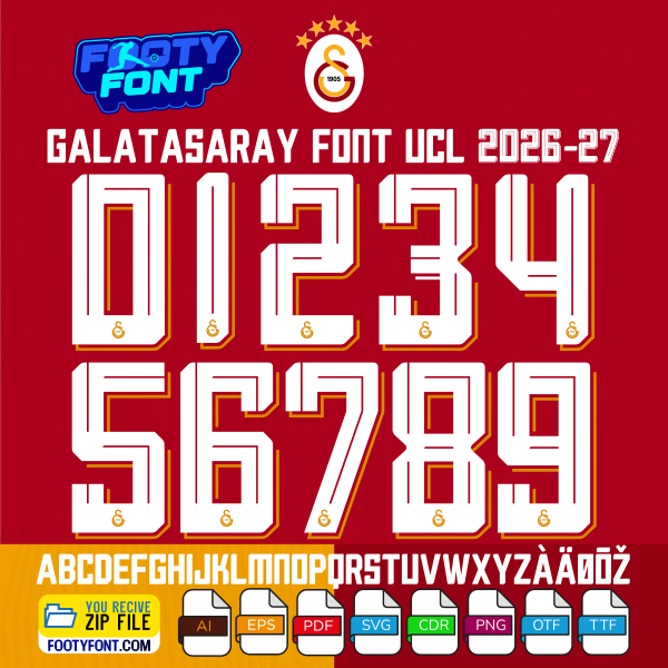 Complete A-Z alphabet and 0-9 number vector character set for the Galatasaray 2026-27 Font Vector UCL, showing the included file formats against a red background.