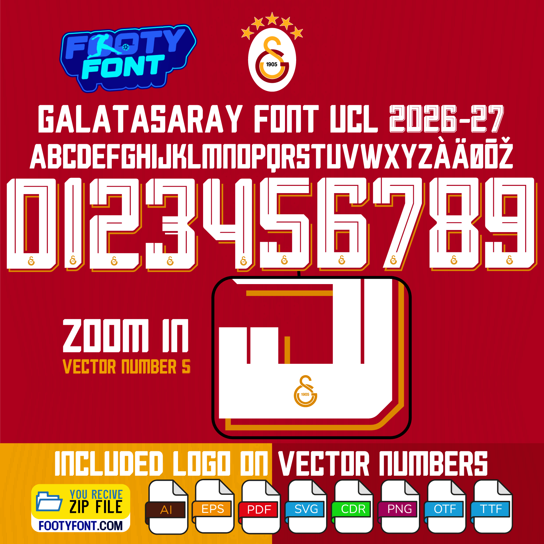 Galatasaray 2026-27 Font Vector UCL 3 Close-up detail of the number 5 from the Galatasaray 2026-27 Font Vector UCL, highlighting the embedded Galatasaray club crest at the base.